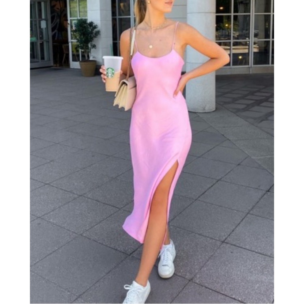 Zara Pink Satin Slip Maxi Dress S Bias Cut Side Slit Barbiecore Wedding Guest